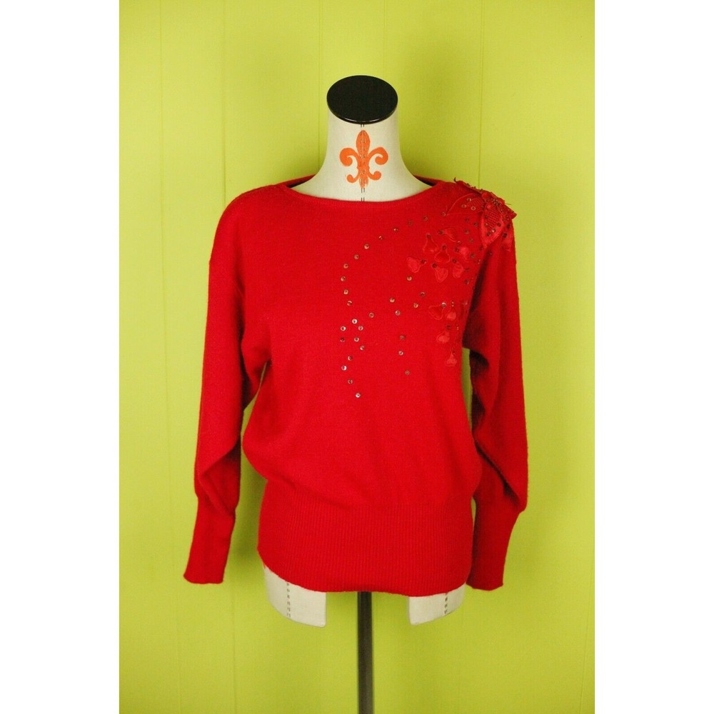 VTG Cristina's Womens M Dolman Sleeve Knit Sweater Red Seguin Flower Application